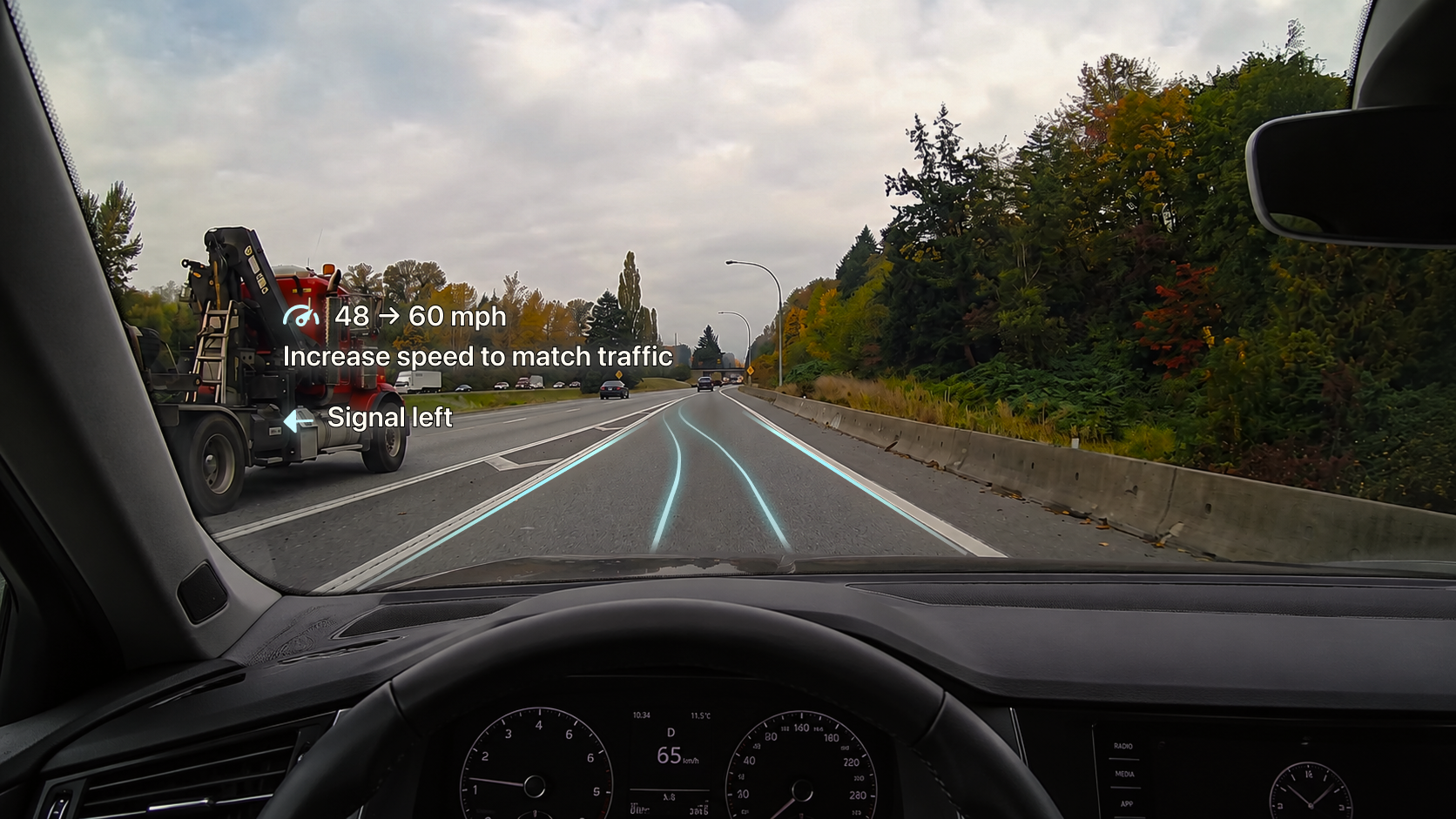 HUD Screen 1 showing increase speed and signal left guidance on highway ramp