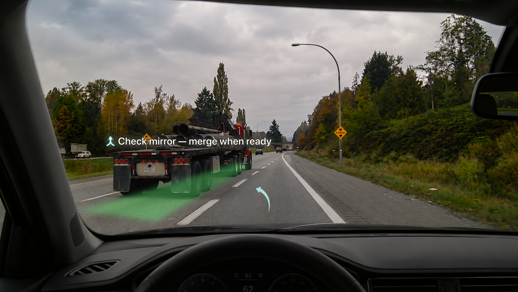 HUD Screen 3 showing gap detection with green highlight and check mirror guidance