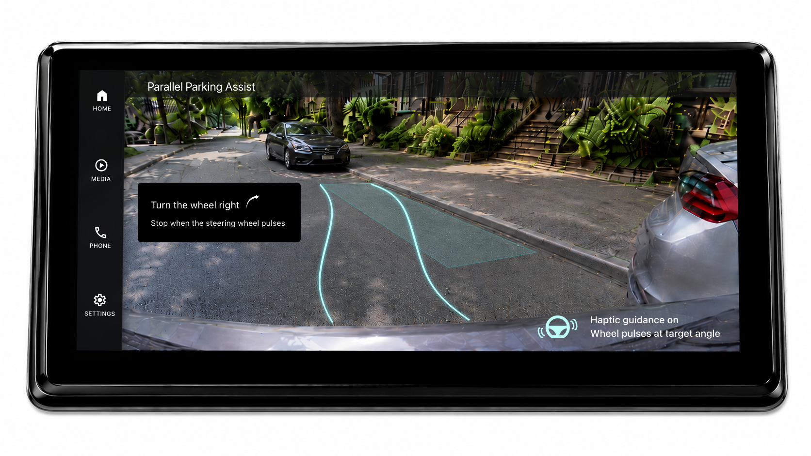 Parallel parking screen showing infotainment camera overlay with step by step guidance