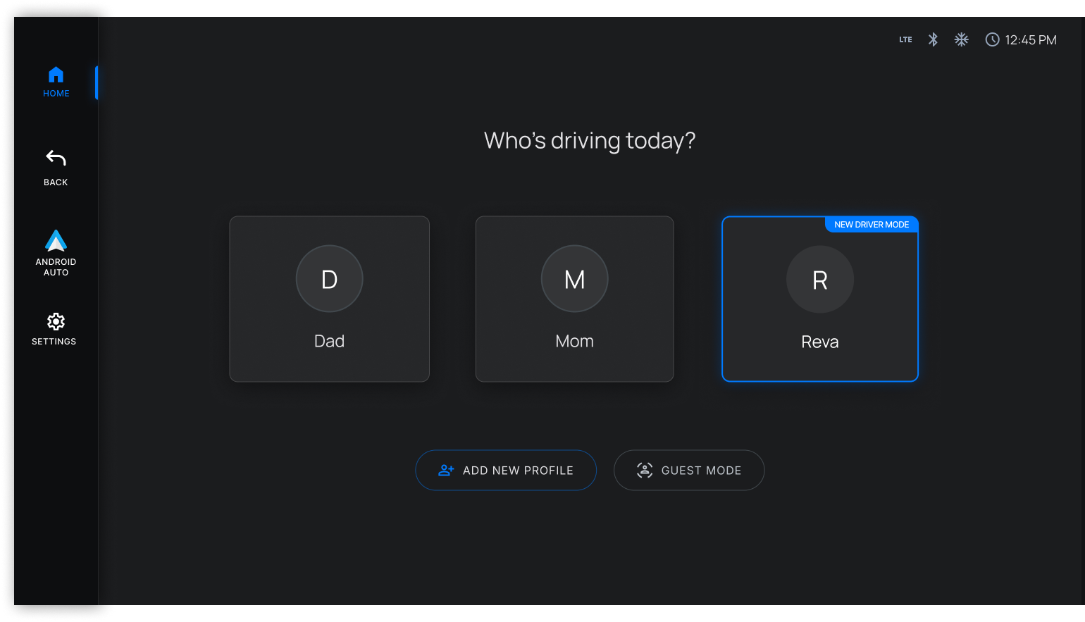 Profile selection screen showing three driver profiles with New Driver Mode badge on Reva's card