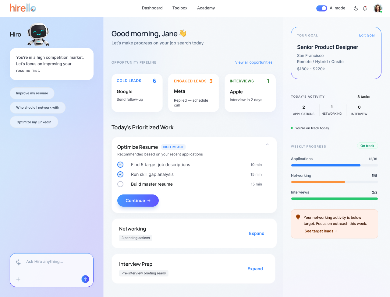 Third iteration of the Hirello experience — action-first dashboard